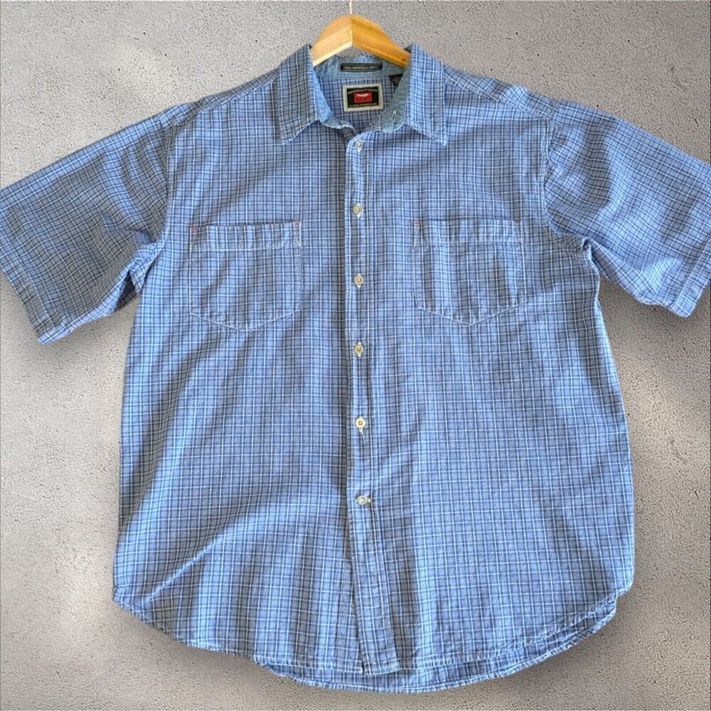 Wrangler HERO Blue Plaid Short Sleeve‎ Button Up Shirt Menswear Casual LARGE